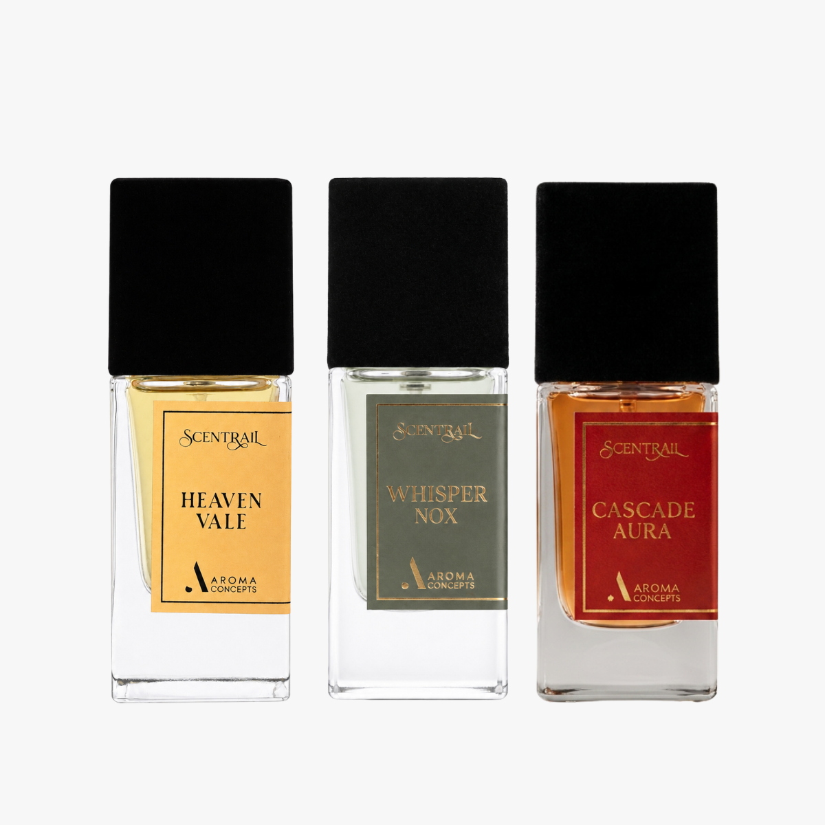 perfume set of heaven vale, whisper nox, cascade aura perfume by scentrail 