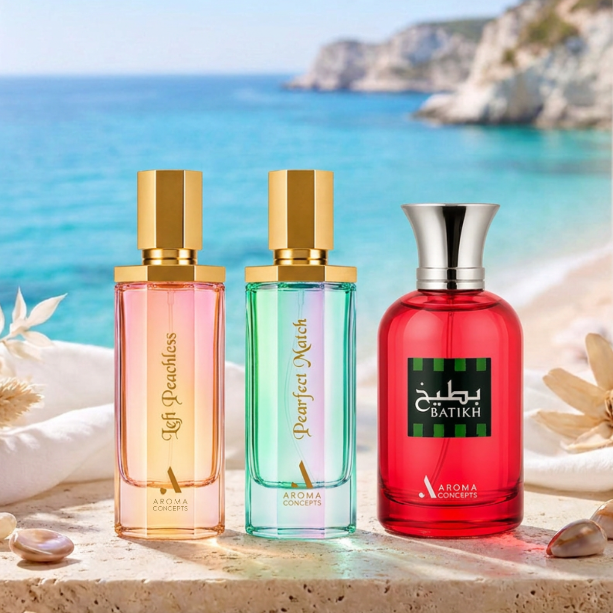 trio bundle batikh, left peachless, pearfect match perfume