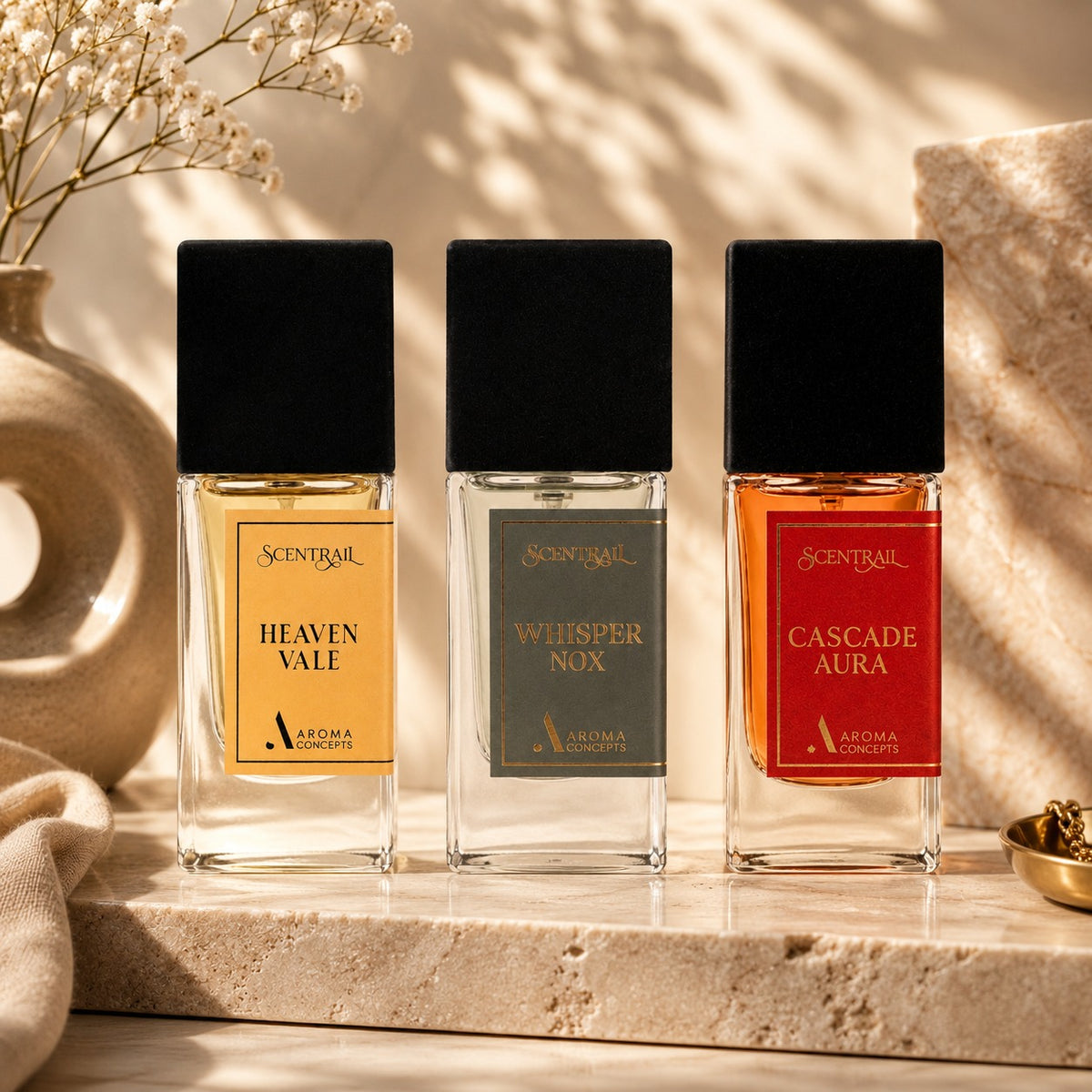 perfume set of heaven vale, whisper nox, cascade aura perfume by scentrail 
